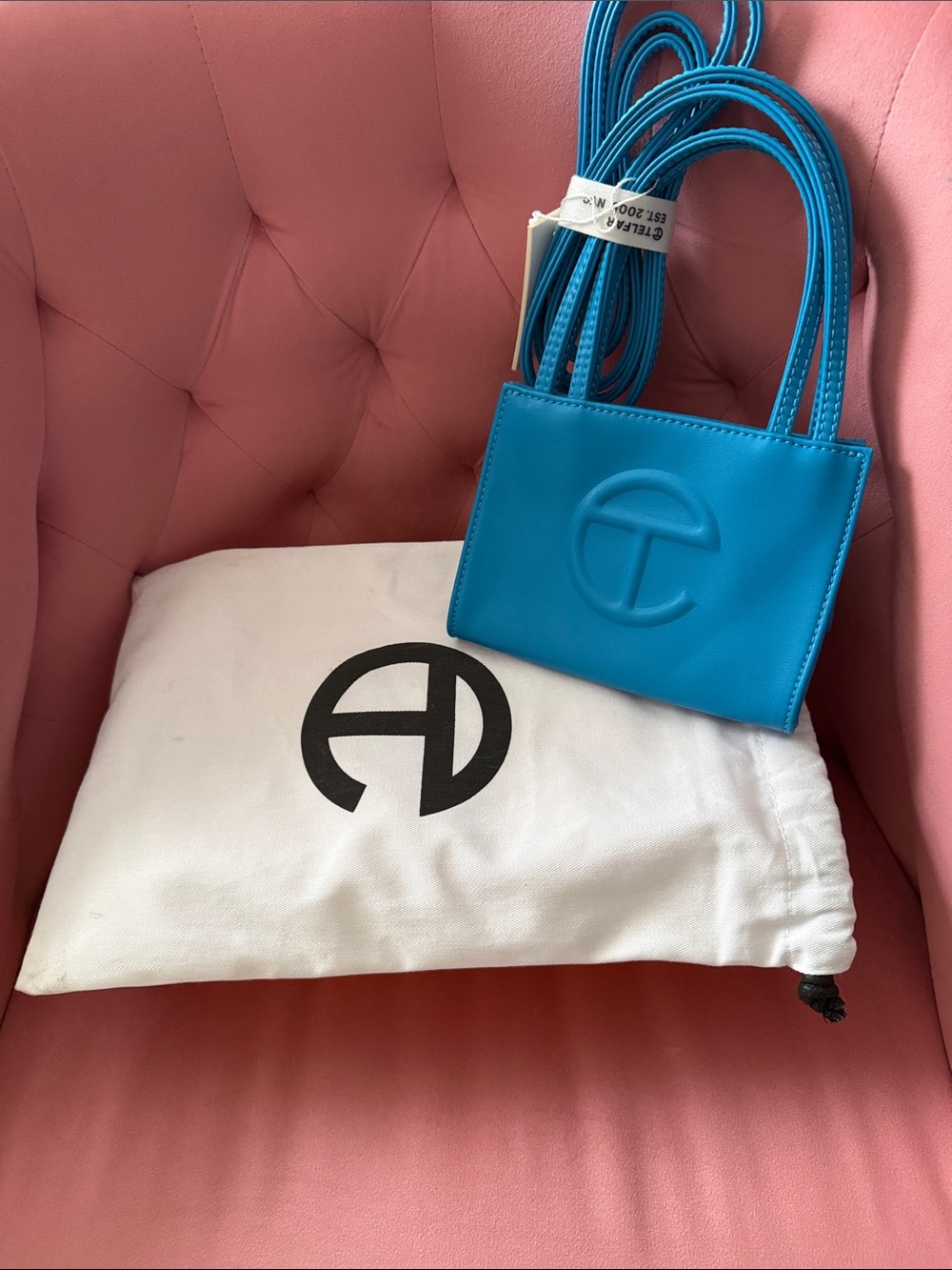 Telfar Mini Shopping Bag in Bright Blue with Matching Strap